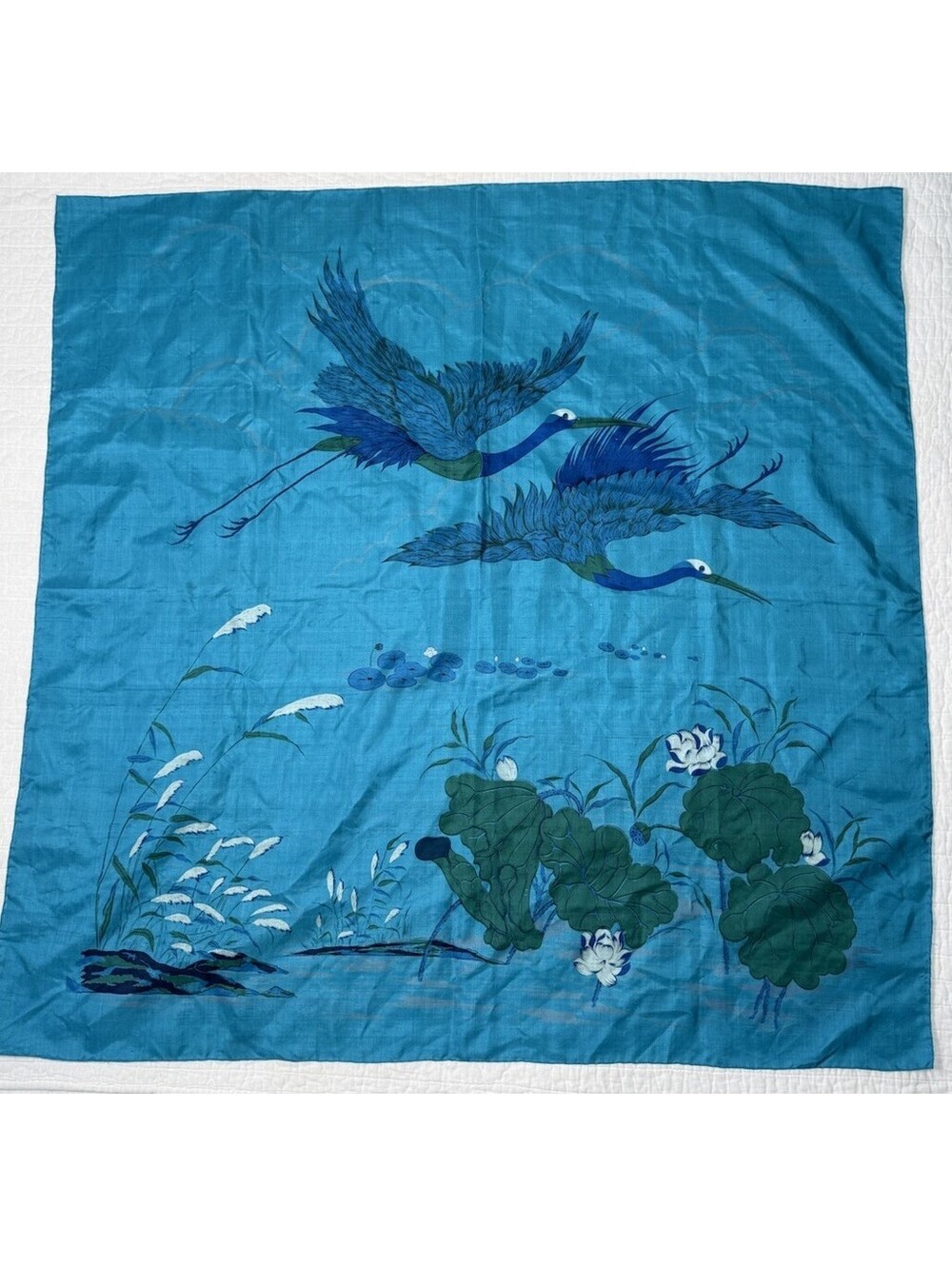 Vintage Thai Silk Scarf 100% Silk Turquoise Crane Lotus Asian Art 35” Square